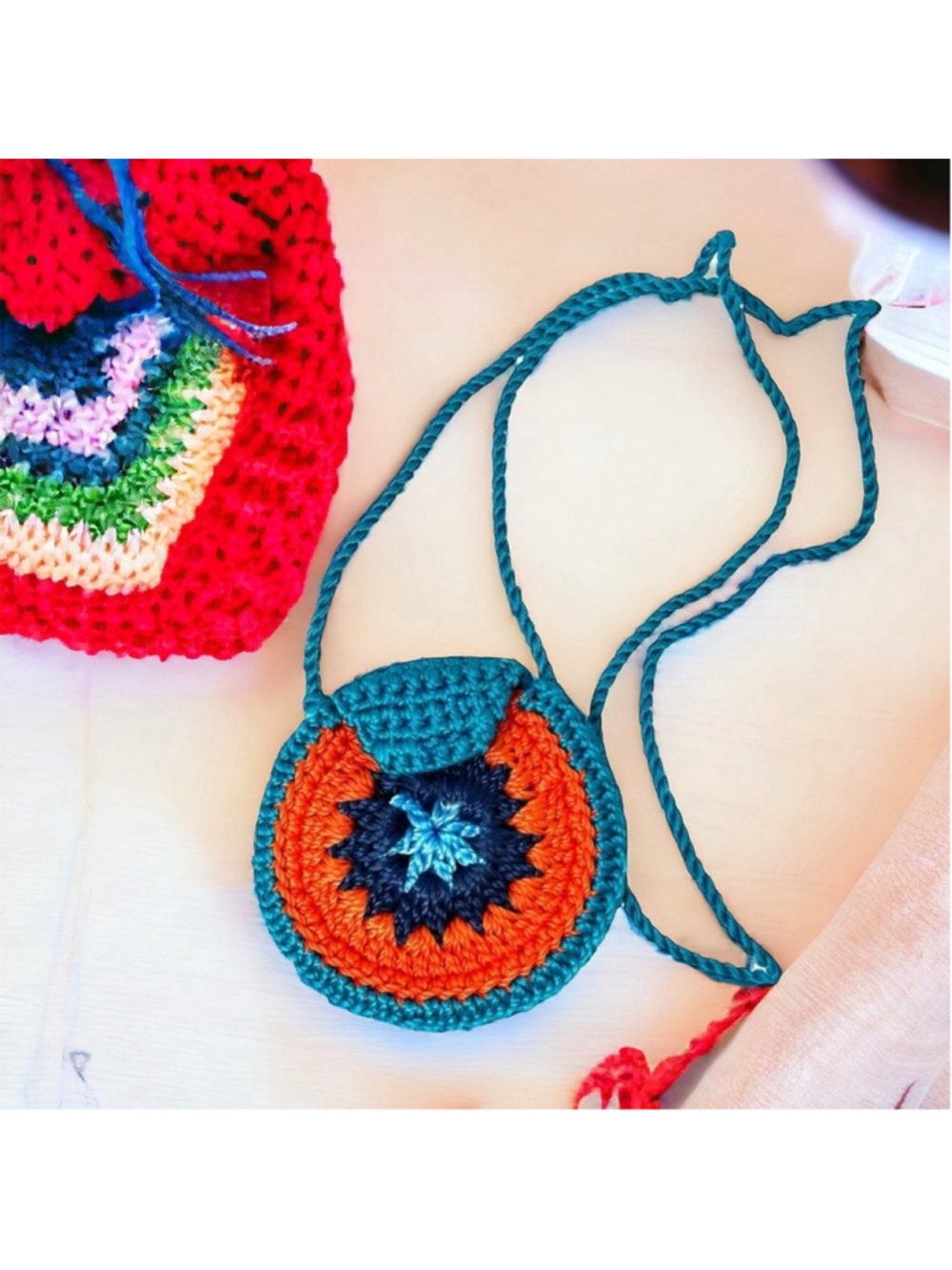 Crochet Circle Pouch Long Nylon Rope Necklace